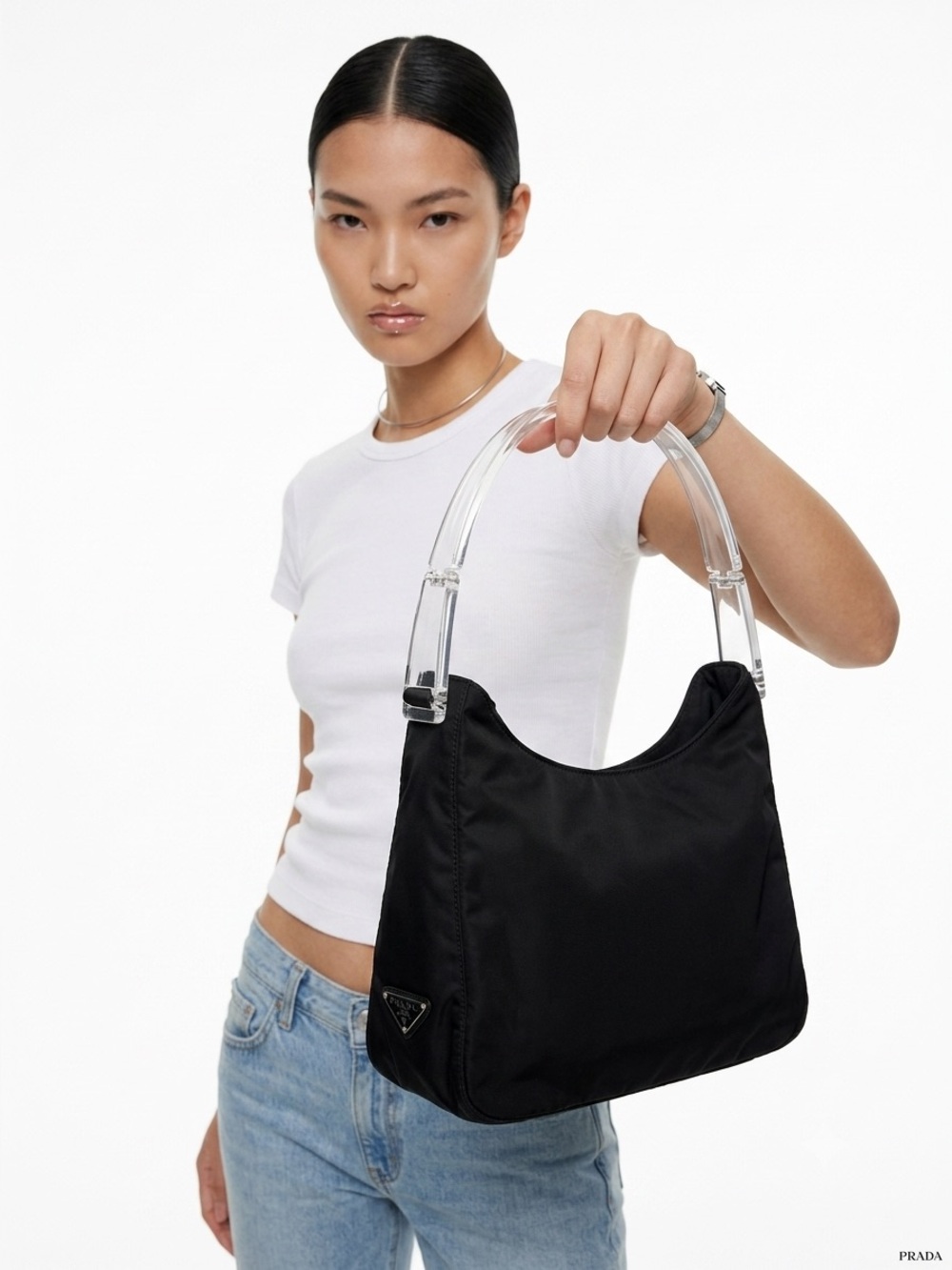 Vintage Prada black nylon Tessuto lucite handle shoulder bag